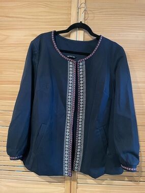 Embroidered Trim Navy Open Jacket